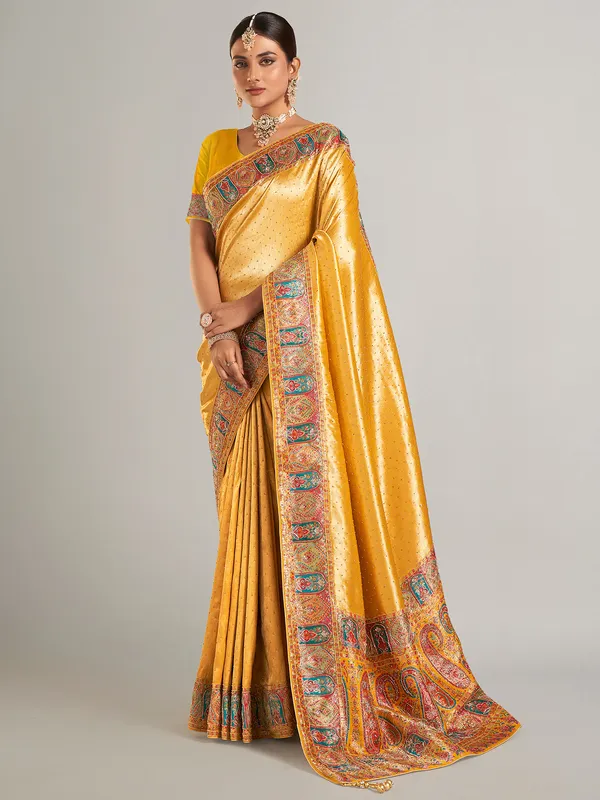 Mustard yellow pashmina silk saree for wedding