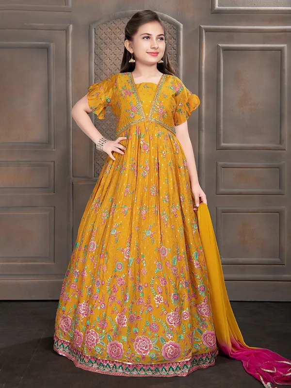 Mustard yellow printed anarkali floor length suit