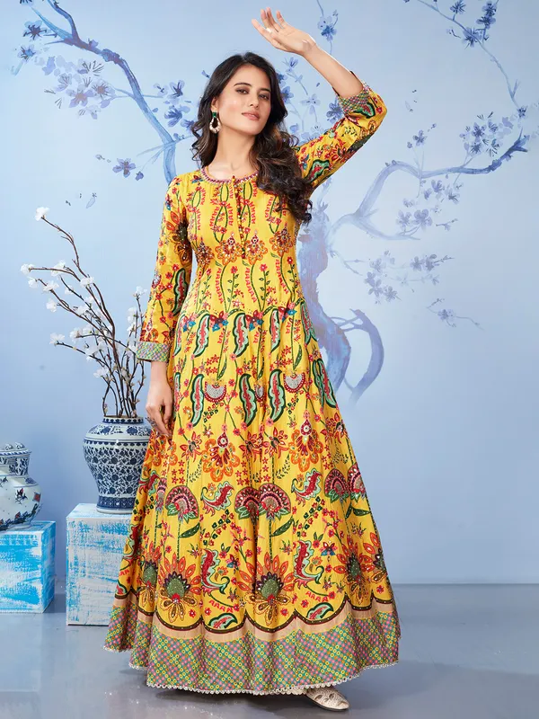 Mustard yellow printed anarkali salwar suit for haldi