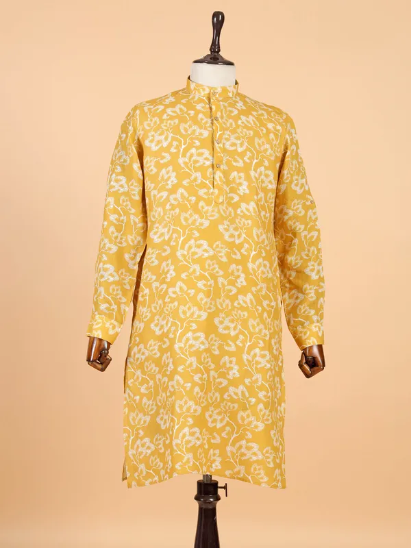 Mustard yellow printed cotton kurta for men