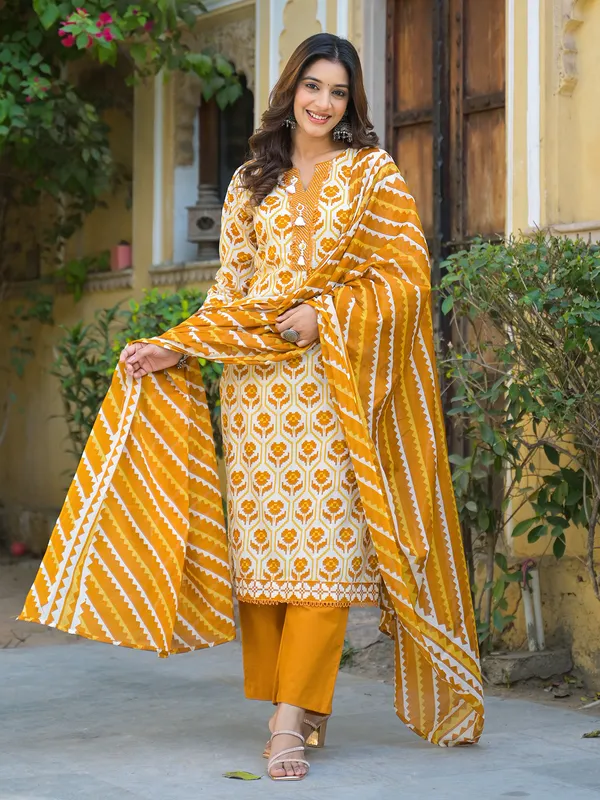 Mustard yellow printed cotton kurti set with dupatta