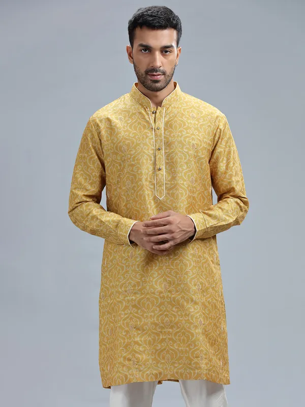 Mustard yellow printed kurta set for men