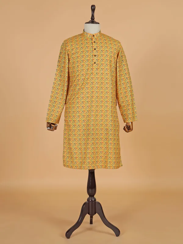 Mustard yellow printed kurta suit in cotton silk