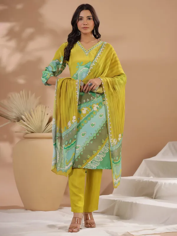 Mustard yellow printed kurti set in cotton