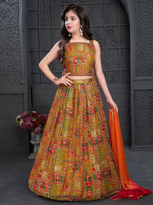 Mustard yellow printed lehenga choli in georgette