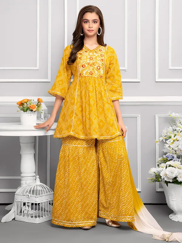 Mustard yellow printed sharara set in cotton