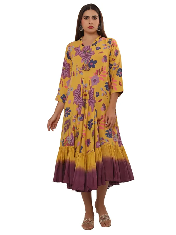 Mustard yellow printed silk kurti