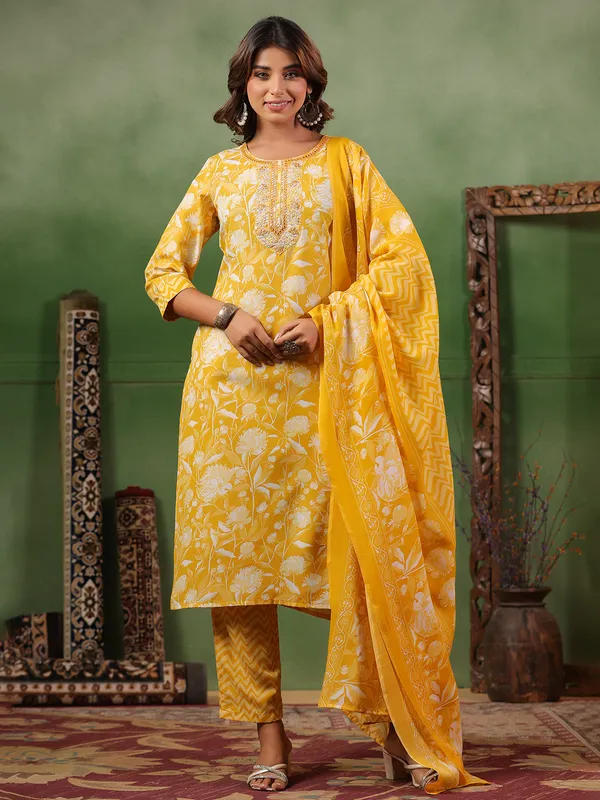 Mustard yellow printed silk kurti set with dupatta