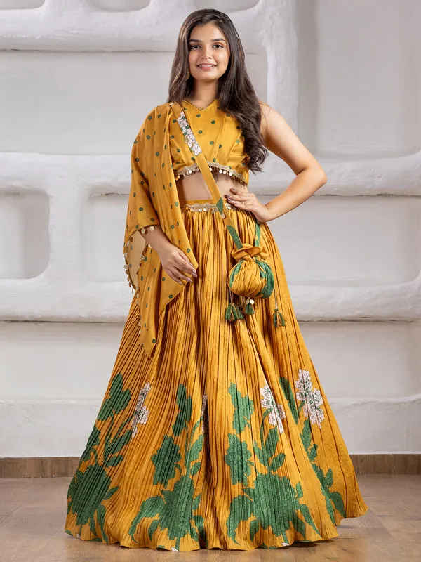 Mustard yellow printed silk lehenga choli for girls
