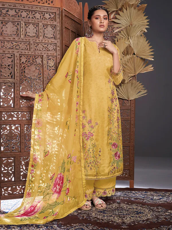 Mustard yellow printed silk palazzo suit for women