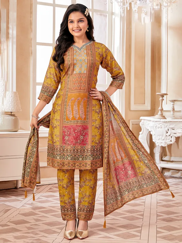 Mustard yellow printed silk salwar suit