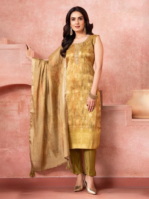 Mustard yellow printed silk salwar suit for women