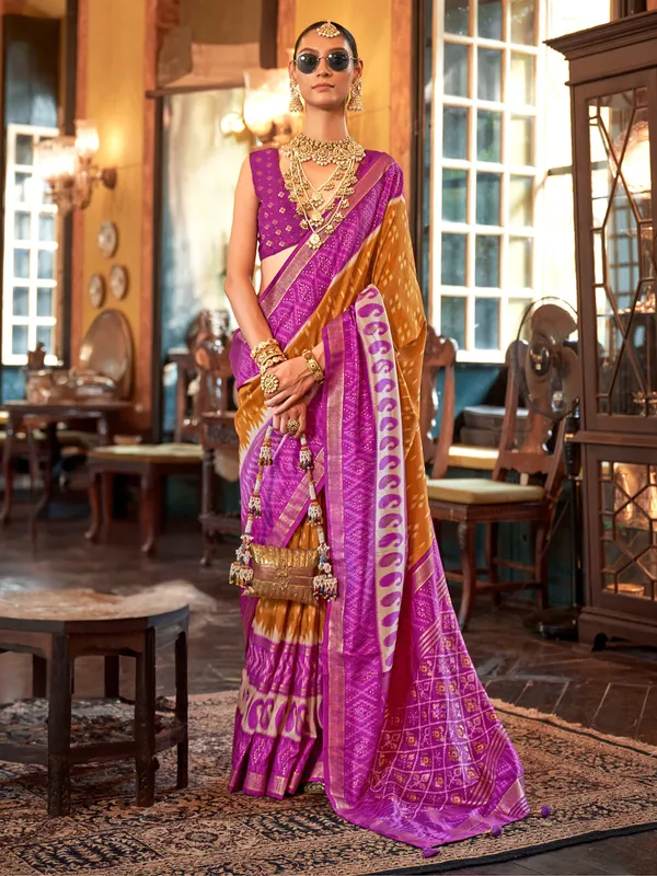 Mustard yellow printed silk saree for women