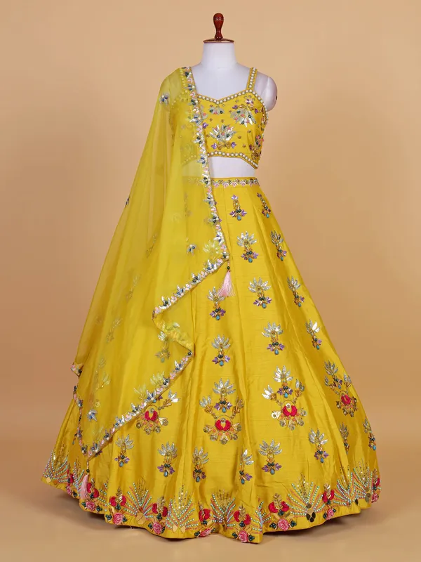 Mustard yellow raw silk wedding lehenga choli