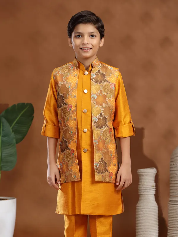 Mustard yellow raw silk zari weaving waistcoat set