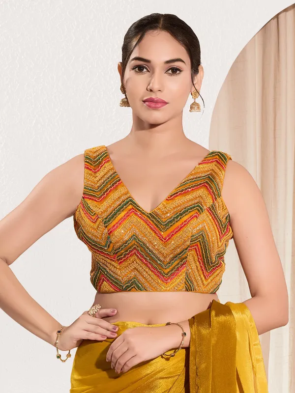 Mustard yellow ready made net blouse