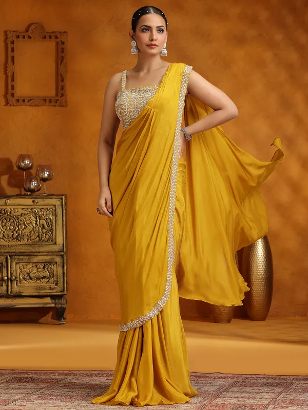Mustard yellow ready to wear saree in chinon silk
