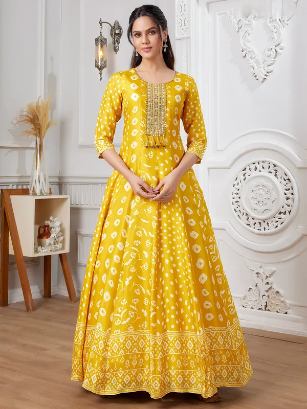 Mustard yellow russian silk anarkali suit
