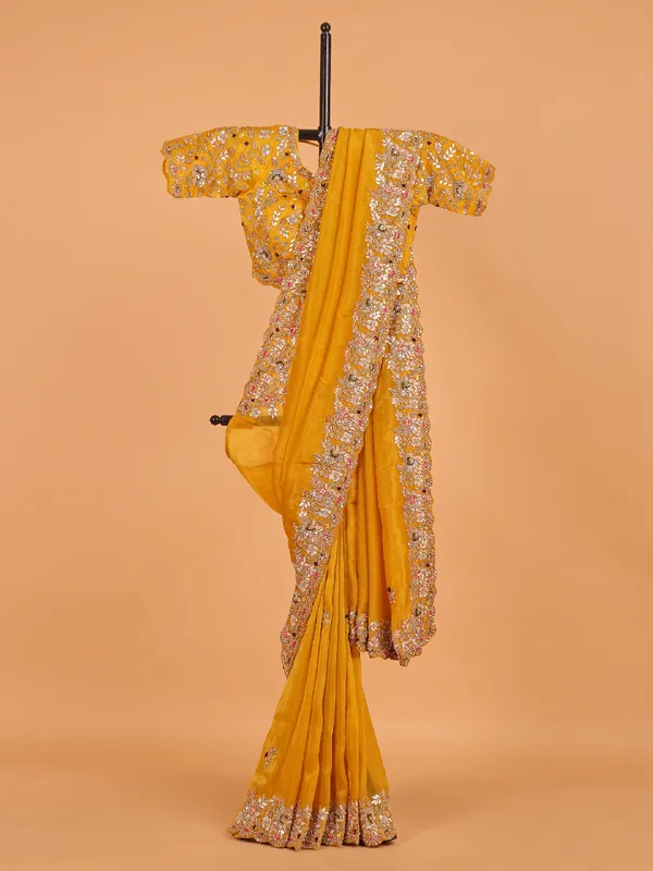 Mustard yellow saree in shimmer tissue silk