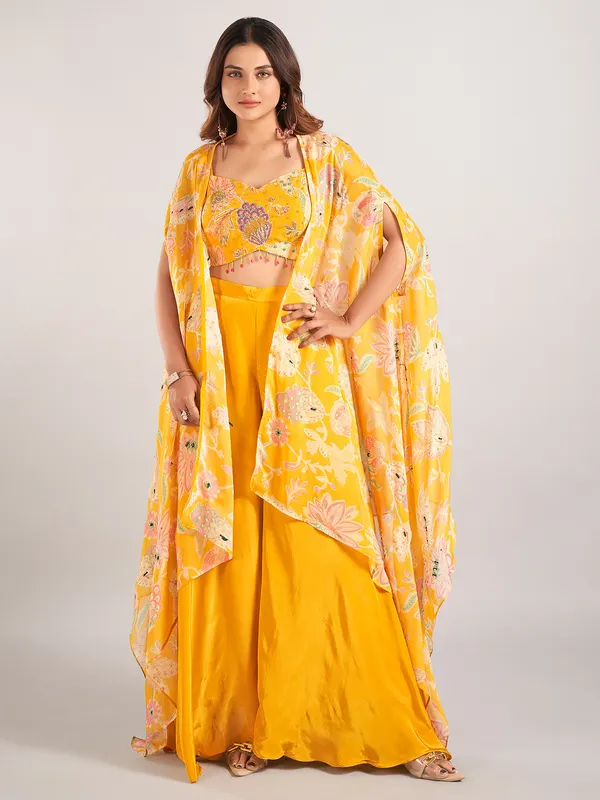 Mustard yellow satin silk jacket style palazzo suit