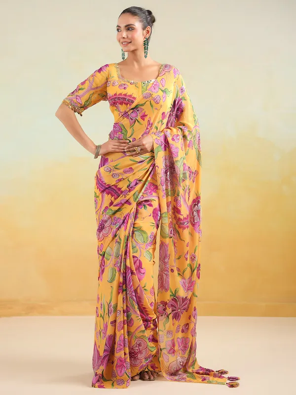 Mustard yellow satin silk printed saree