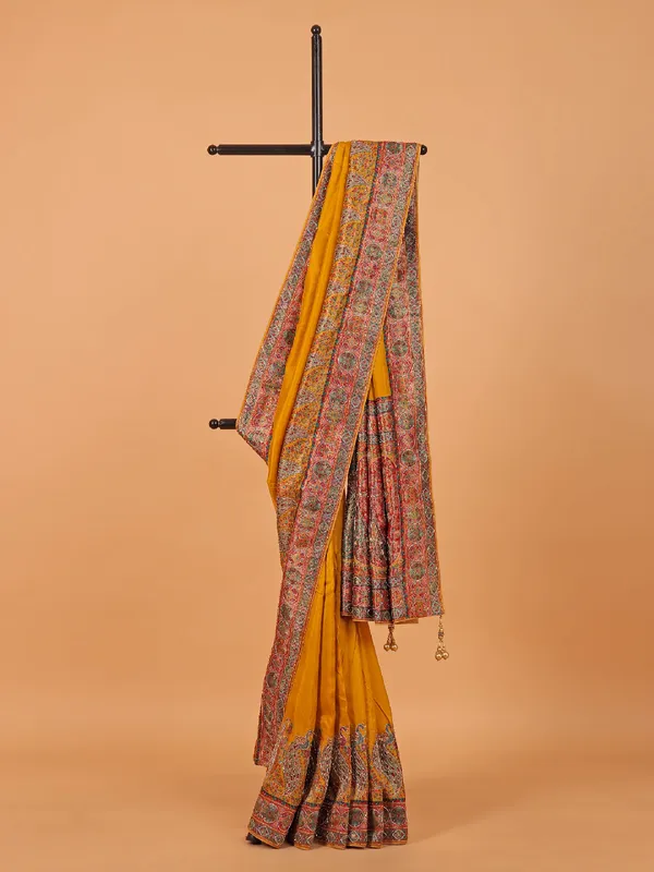 Mustard yellow semi pashmina saree for haldi