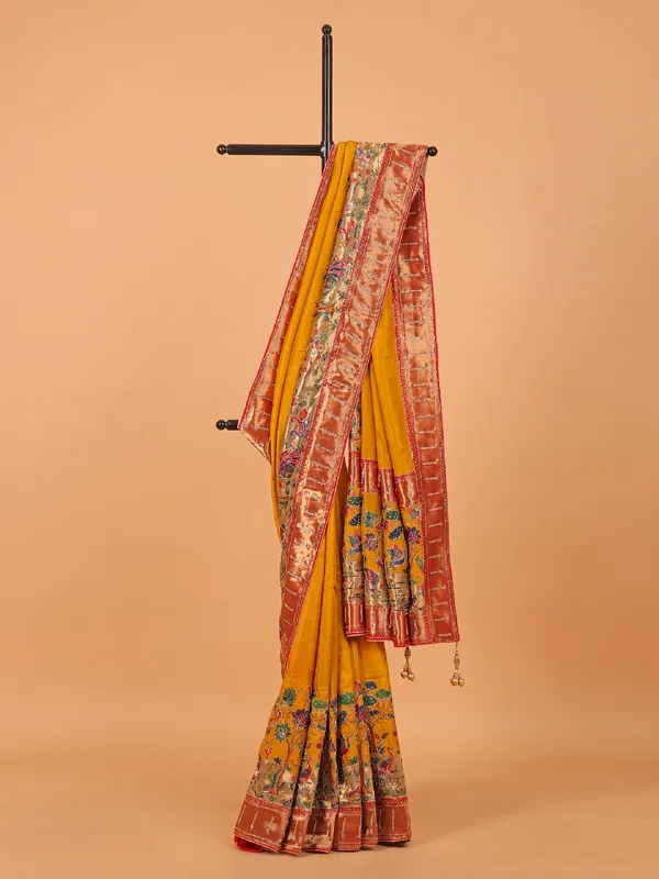 Mustard yellow semi pashmina saree for wedding