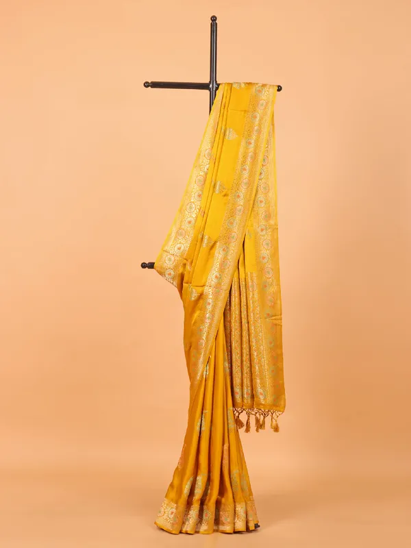 Mustard yellow semi silk saree for festive