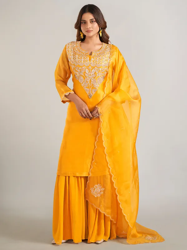 Mustard yellow sharara suit in silk