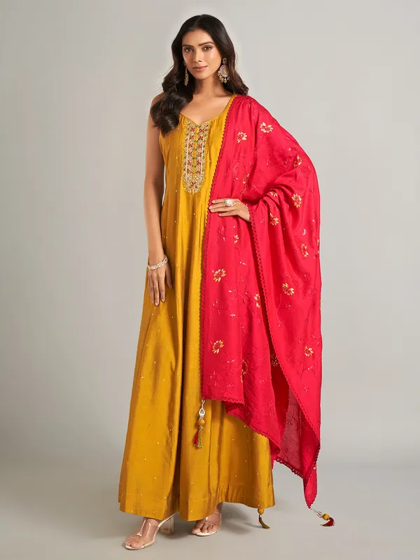 Mustard yellow silk anarkali salwar suit