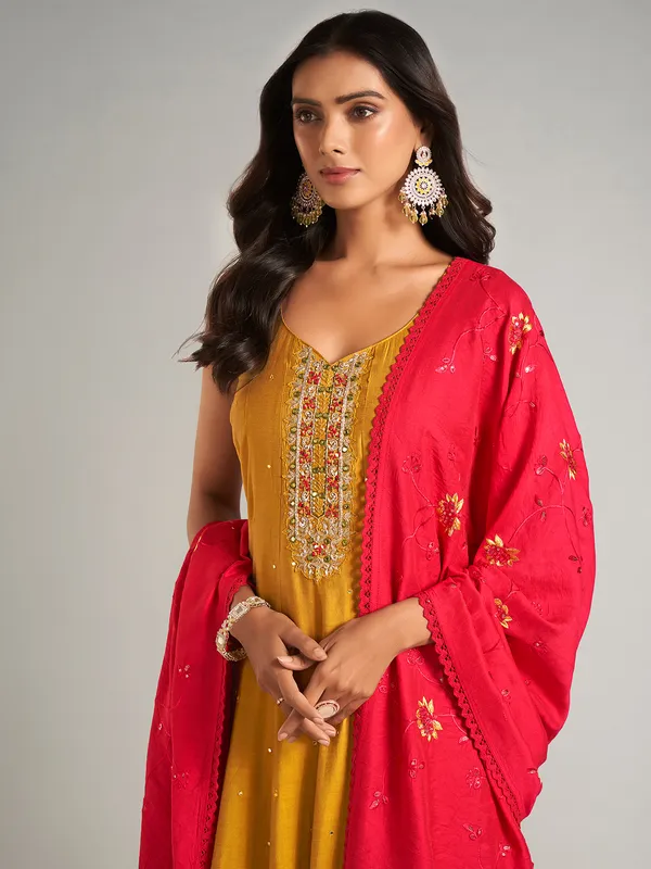 Mustard yellow silk anarkali salwar suit