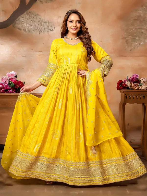 Mustard yellow silk anarkali suit for wedding