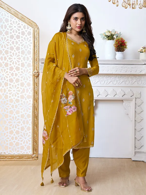 Mustard yellow silk festive style salwar suit