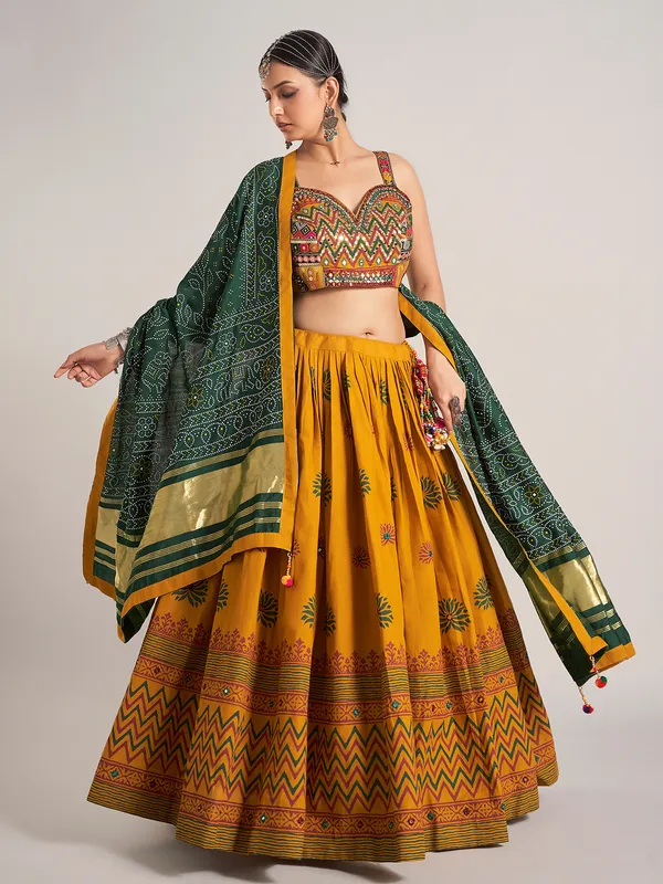 Mustard yellow silk garba nights chaniya choli