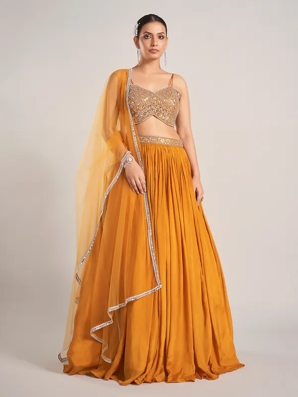 Mustard yellow silk haldi and wedding lehenga choli
