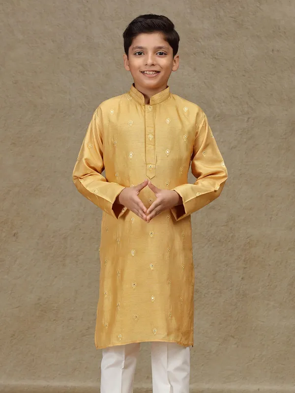 Mustard yellow silk kurta set with aabla work