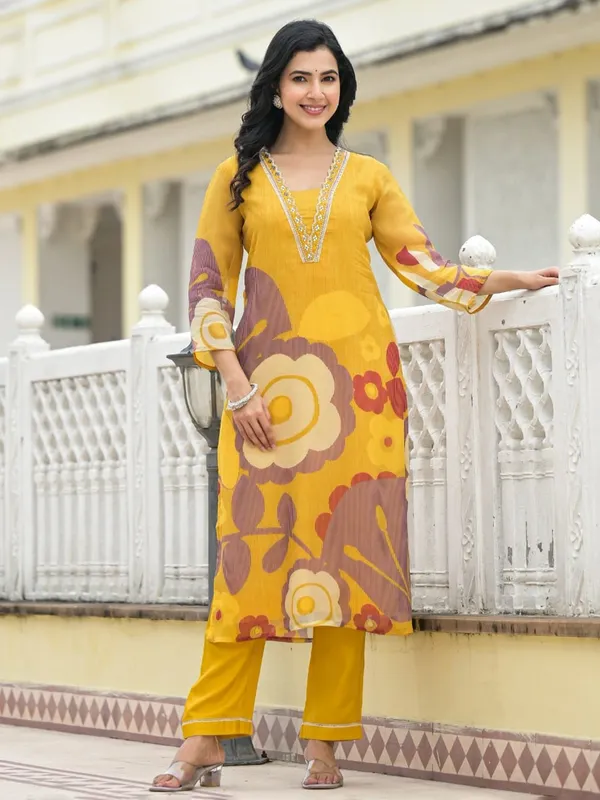 Mustard yellow silk kurti set in printed for festive wear