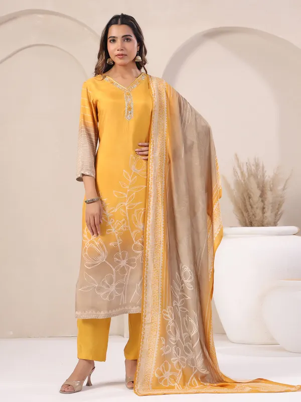 Mustard yellow silk kurti set with cutdana work