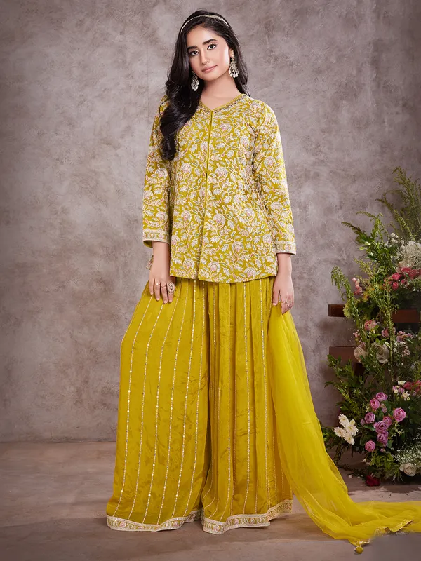 Mustard yellow silk palazzo set with dupatta