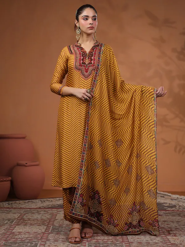 Mustard yellow silk printed kurti set for festive
