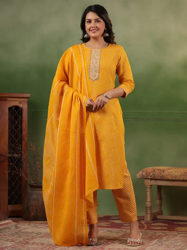Mustard yellow silk printed kurti set for women