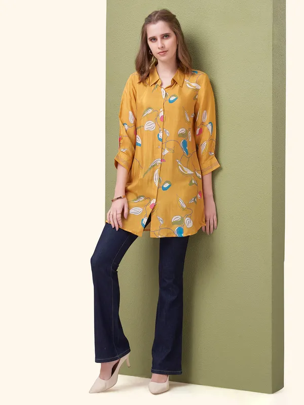 Mustard yellow silk printed top