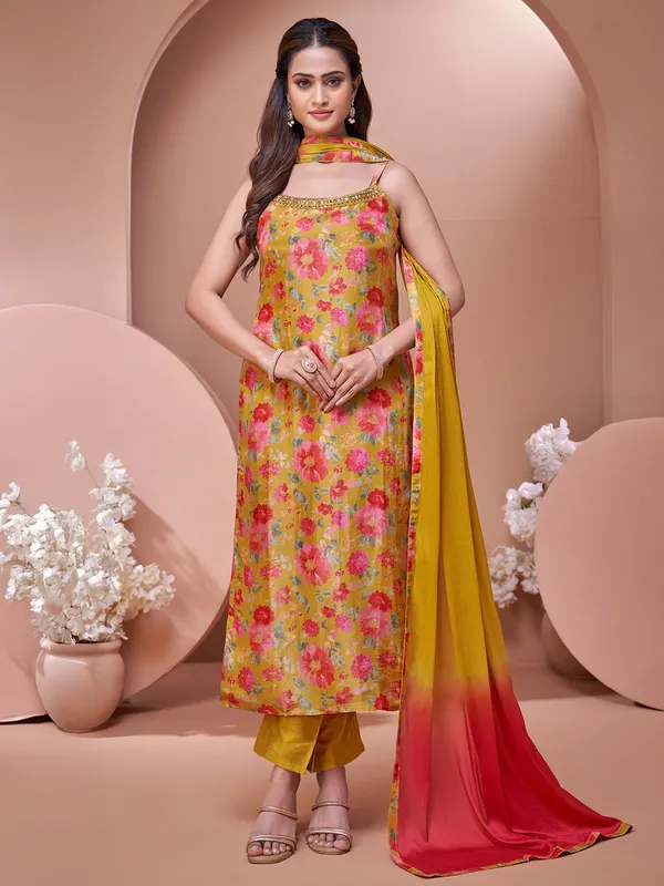 Mustard yellow silk salwar suit with print for women