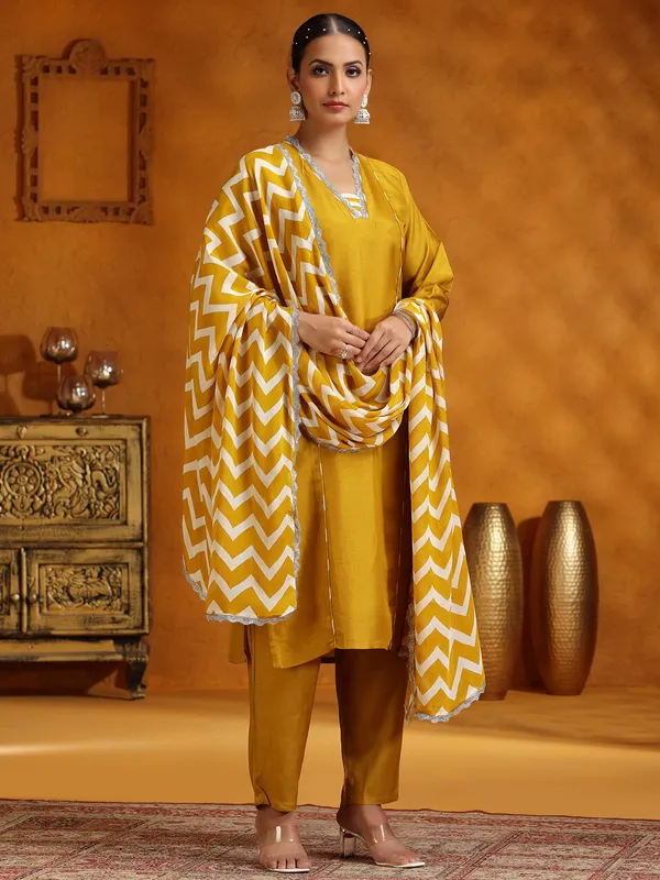 Mustard yellow silk salwar suit with printed dupatta for women