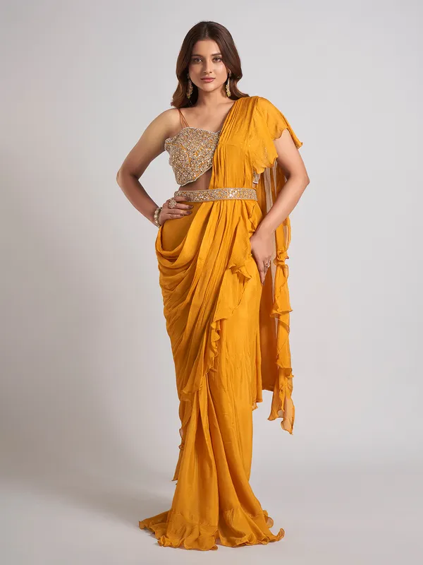 Mustard yellow silk saree with stone work