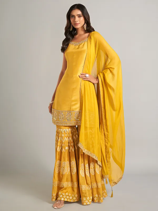 Mustard yellow silk sharara salwar suit for wedding