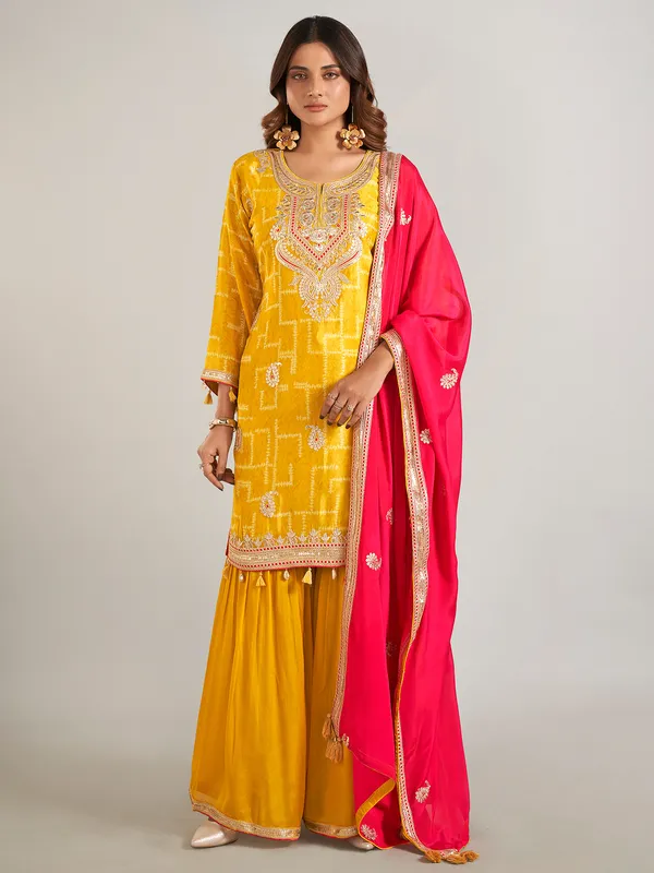 Mustard yellow silk sharara suit for women