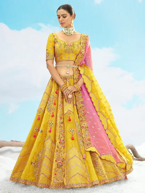 Mustard yellow silk unstitched lehenga choli
