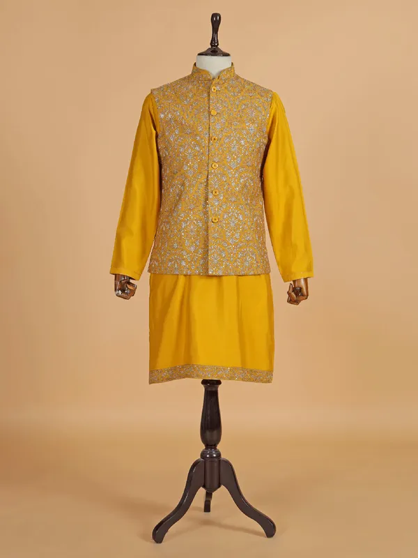 Mustard yellow silk waistcoat set for men