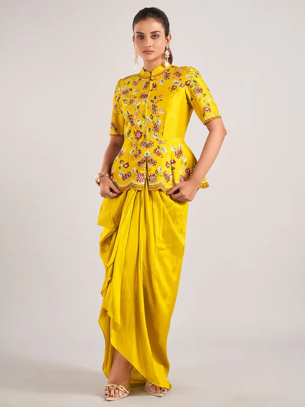 Mustard yellow silk wedding wear indowestern suit